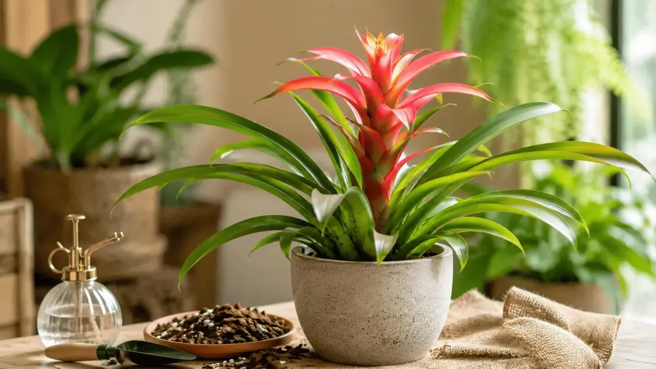 Bromelia en maceta gris con flor roja vibrante. A su lado, un pulverizador de latón y tierra para macetas, sugiriendo cuidados.