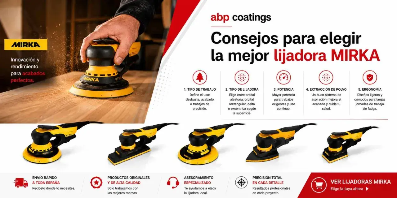 Guía para elegir entre distintos tipos de lijadoras MIRKA: orbital, rectangular, delta y excéntrica. Consejos sobre potencia, extracción de polvo y ergonomía.