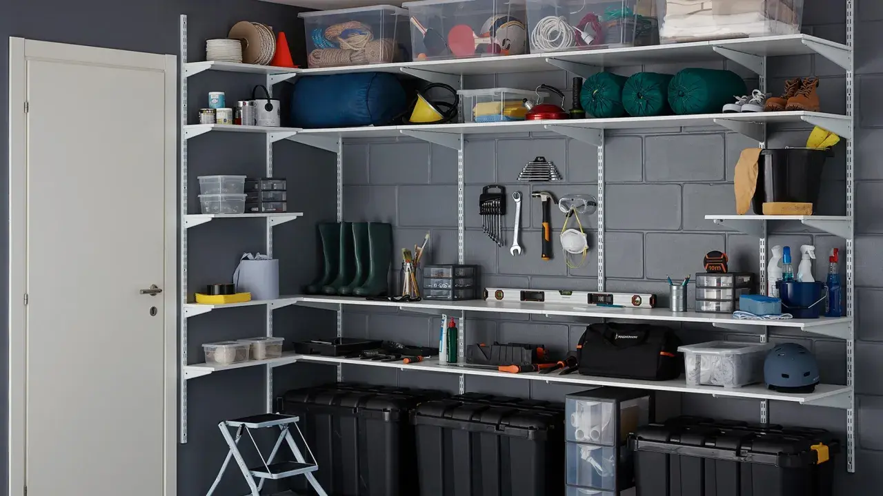 Estanterías metálicas con cajas, herramientas, botas de agua y otros objetos, ideales para saber como organizar un trastero de forma eficiente.