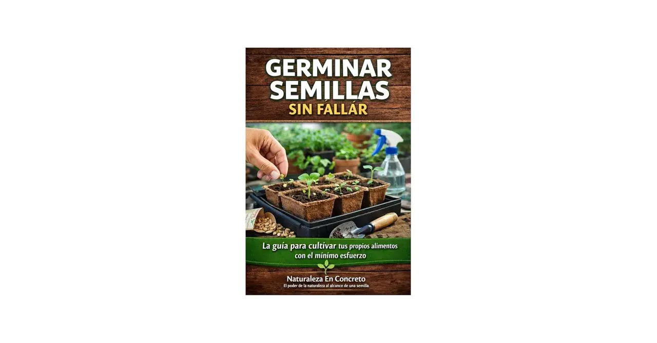 Guía para germinar semillas sin fallar, mostrando manos plantando brotes en macetas y una botella rociadora.