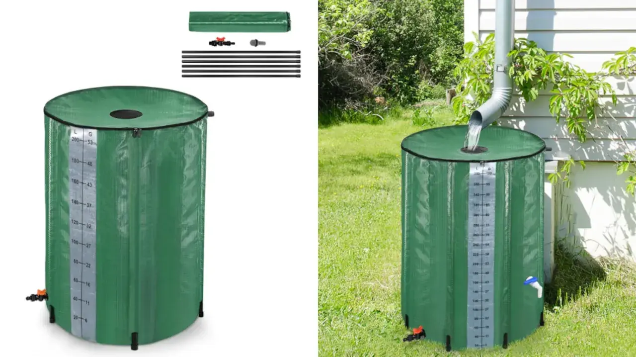 Depósito de agua de lluvia casero verde, con medidor de nivel, listo para instalar bajo un canalón.