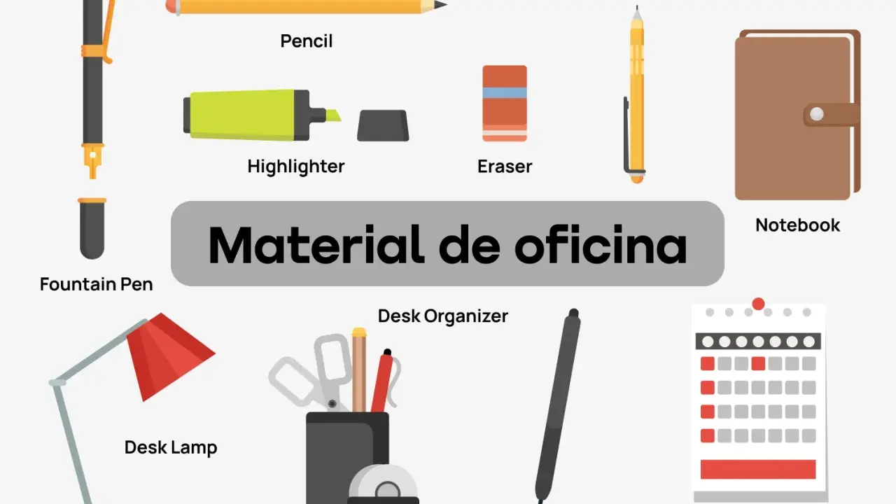 Ilustración con nombres de herramientas en español: bolígrafo, lápiz, rotulador, goma de borrar, portaminas, cuaderno, lámpara, organizador, calendario.