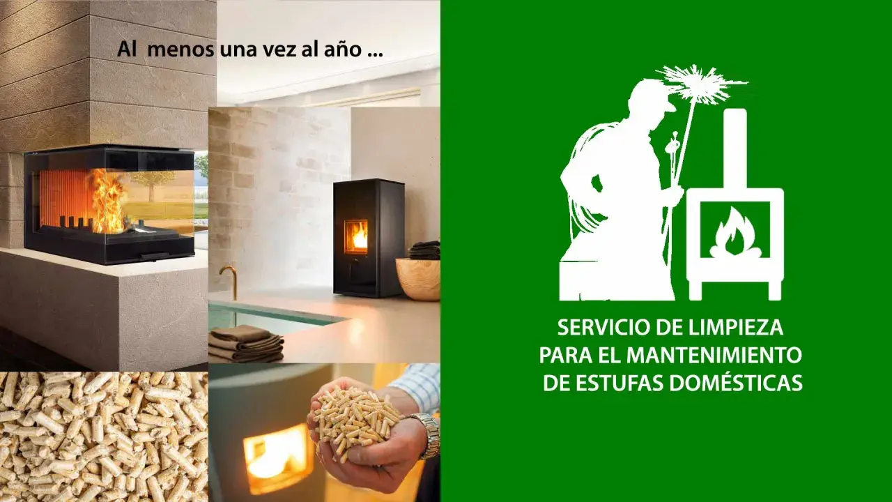 Servicio de limpieza para el mantenimiento de estufas domésticas. Imágenes de estufas de pellets y pellets.