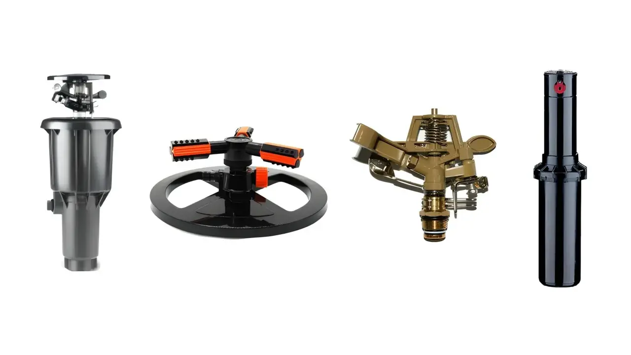 Cuatro tipos de difusores de riego: emergente, aspersor giratorio, aspersor de impacto y difusor de turbina.