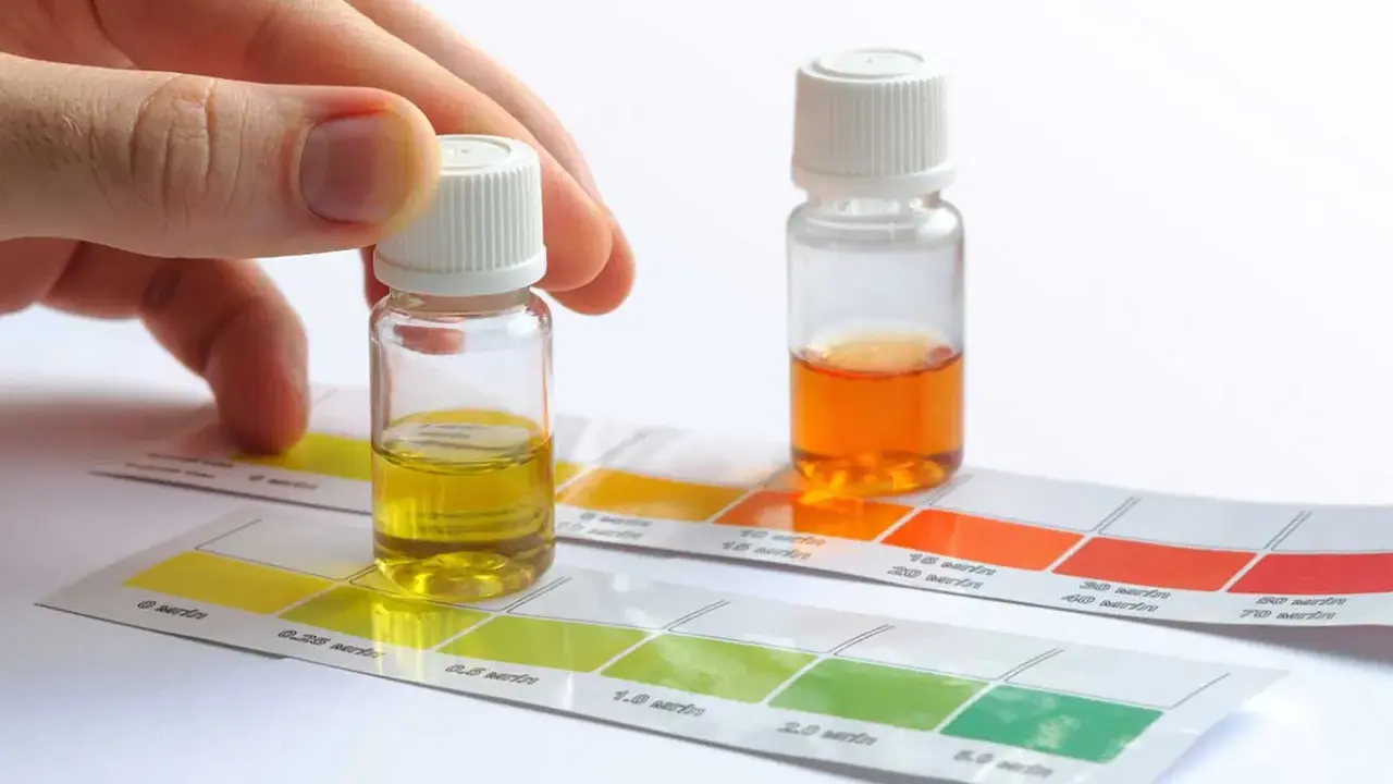 Mano sosteniendo un vial con líquido amarillo sobre tiras de prueba de color para saber la dureza del agua de mi zona. Otro vial con líquido naranja al lado.