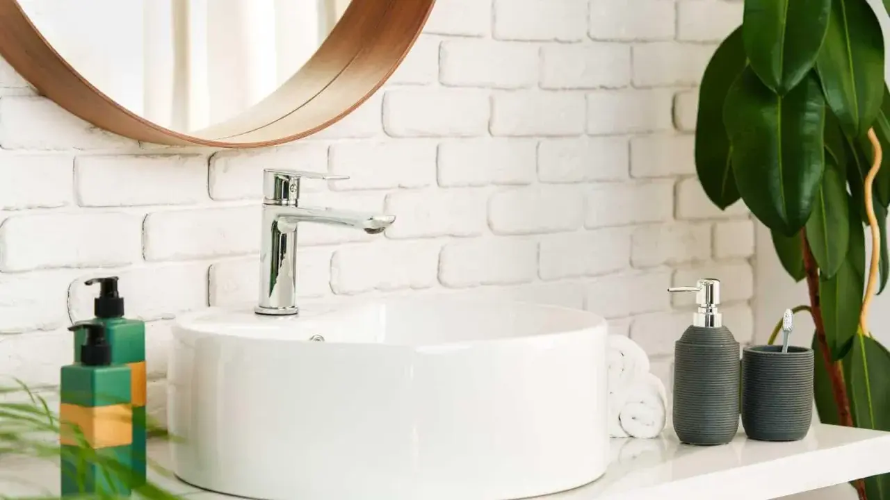 Instalar lavabo sobre encimera: un baño moderno con lavabo blanco, grifería cromada, espejo redondo y plantas.