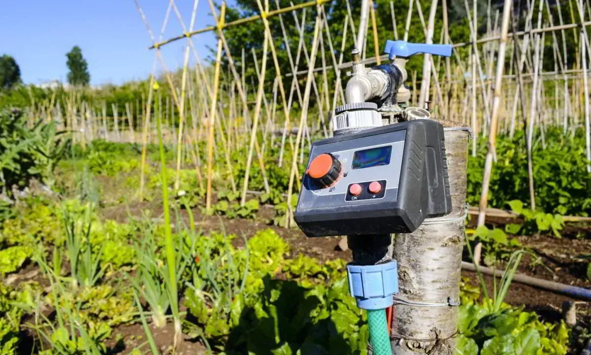 Un temporizador para sistemas de riego automático controla el agua en un huerto con plantas verdes y un cielo azul.