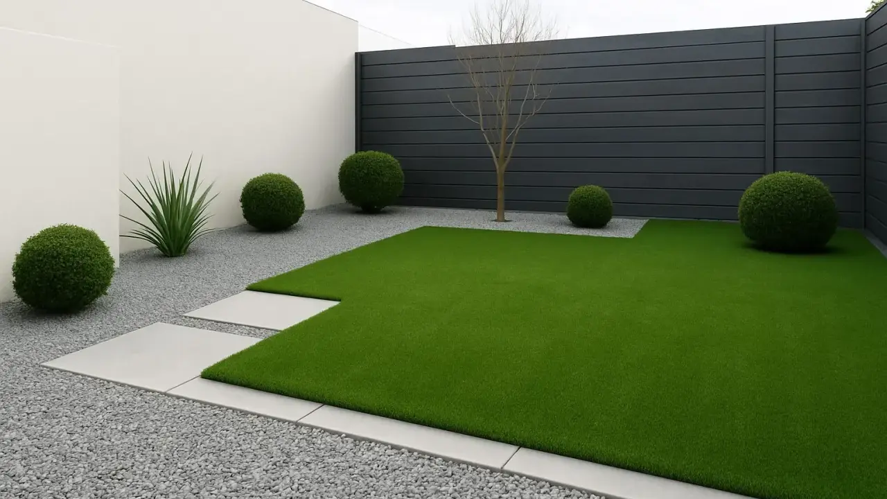 Modern garden with artificial grass, gravel, concrete paths and spherical bushes. Ideas para jardin con cesped artificial.