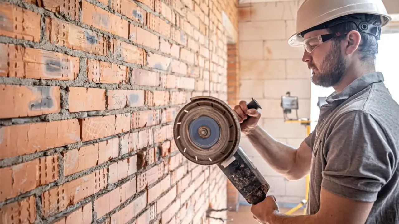 Obrero con casco y gafas protectoras listo para cortar pared con radial.