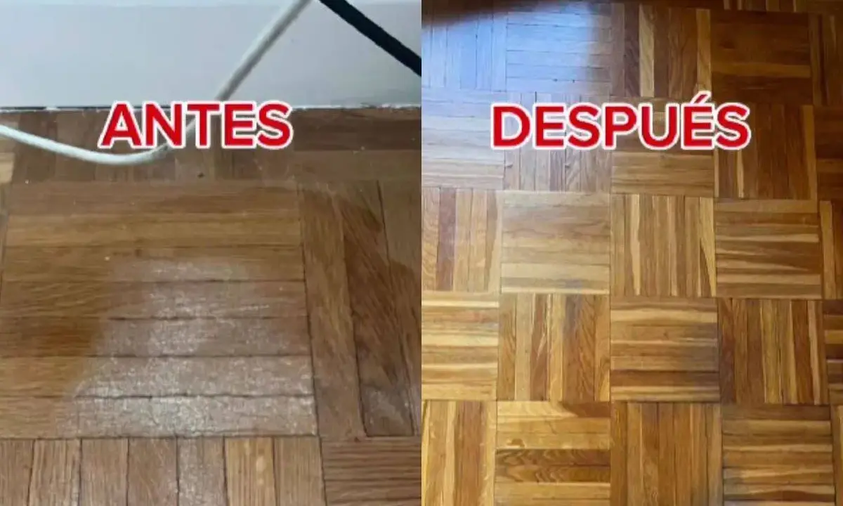 Antes y después de aplicar remedios caseros para reparar parquet. El suelo luce renovado y brillante.
