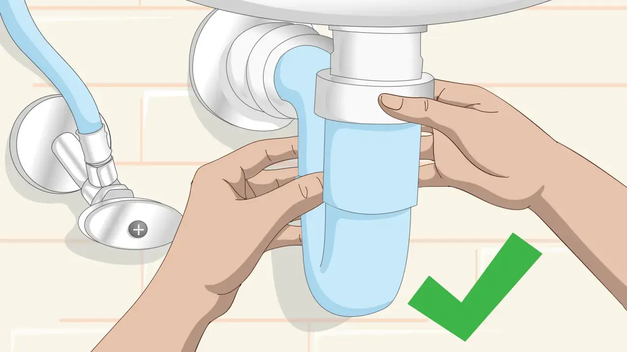 Manos ajustando el sifón azul del lavabo. Un símbolo de verificación verde indica que la tarea de cambiar sifón lavabo está completa.