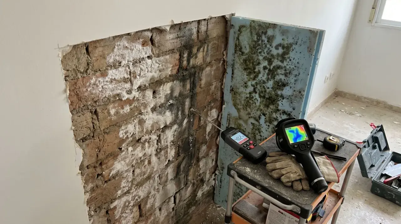 Herramientas para diagnosticar y como aislar una pared de la humedad: medidor de humedad, cámara térmica y guantes sobre ladrillos afectados por moho.