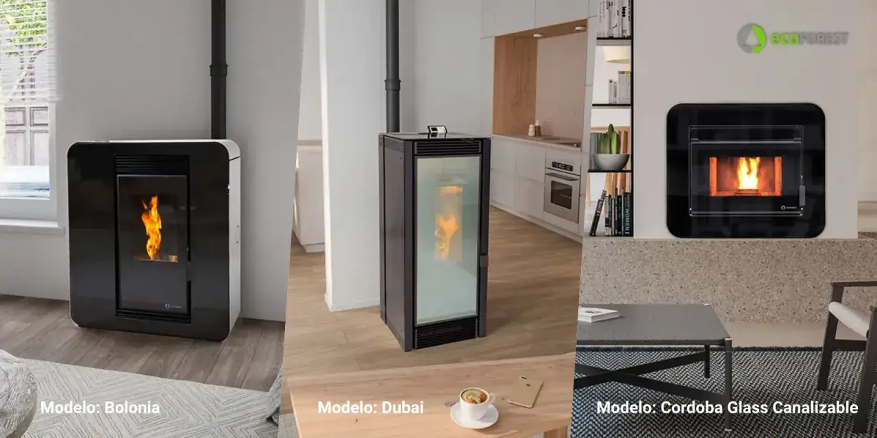 Estufas de pellets con conductos de aire: modelos Bolonia, Dubai y Córdoba Glass Canalizable, mostrando llamas vivas y diseños modernos.