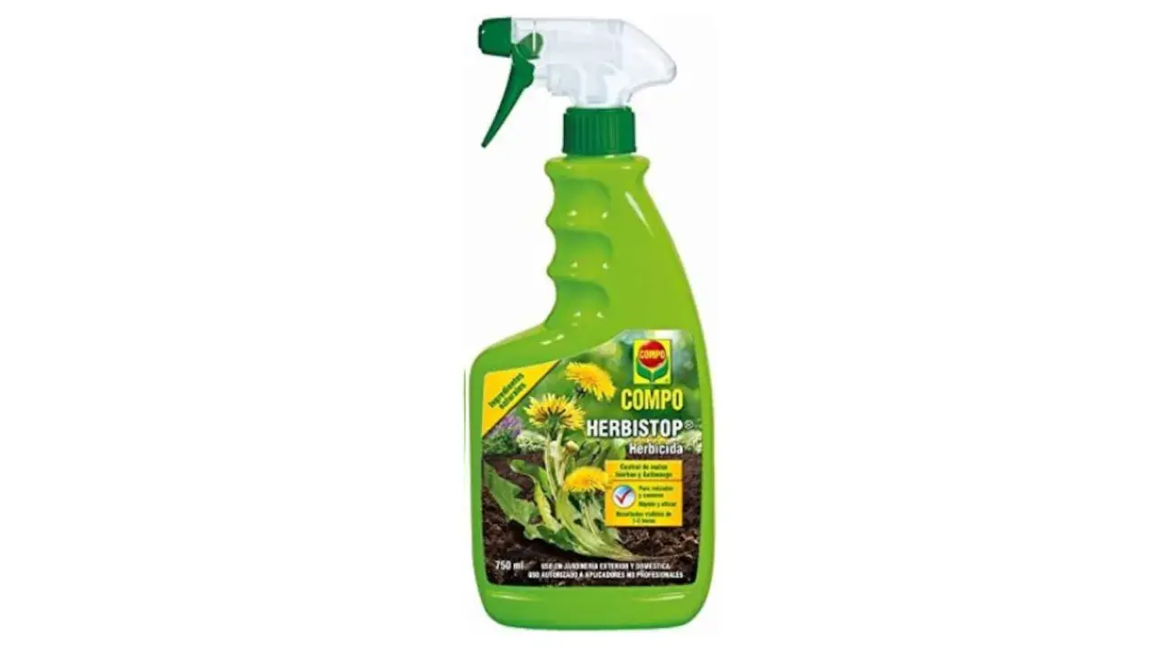 Botella verde con pulverizador de herbicida COMPO Herbistop, para eliminar malas hierbas para siempre.