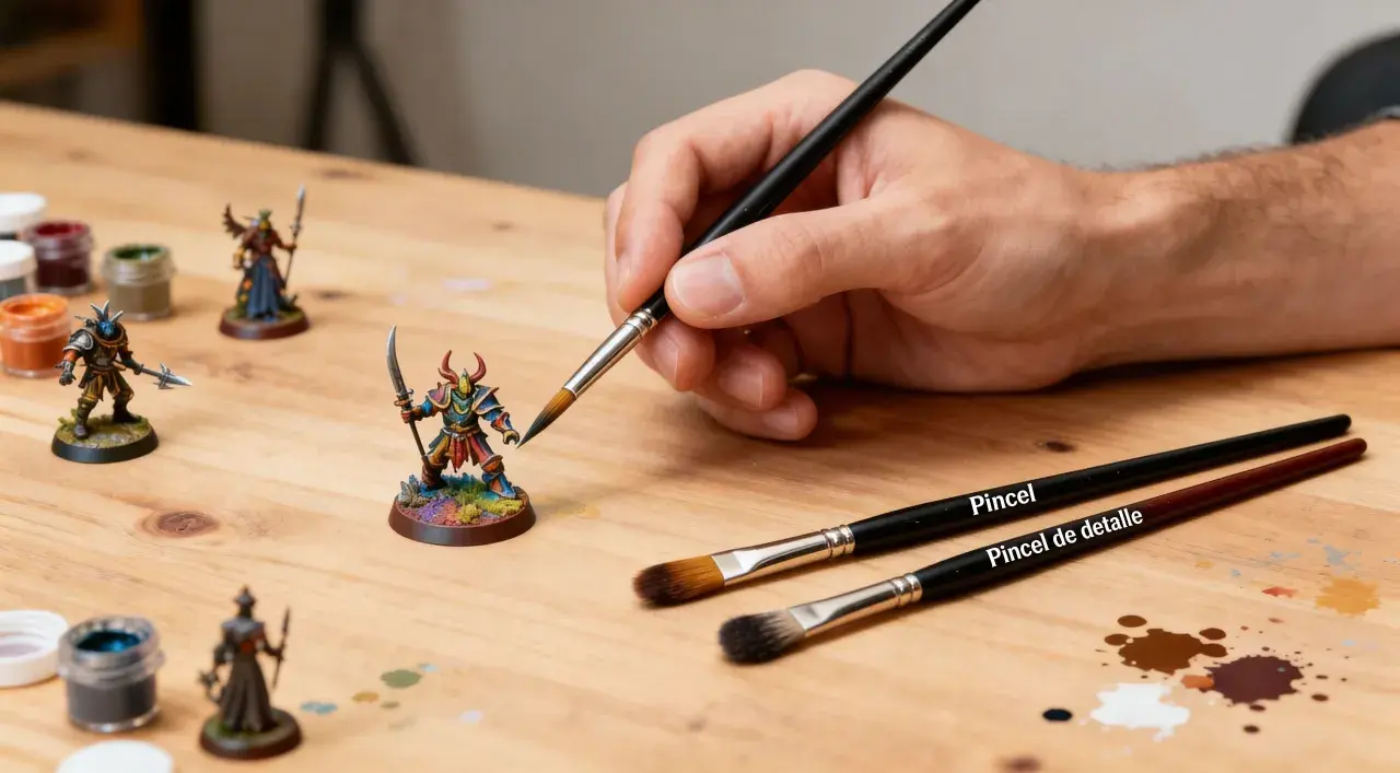 Mano pintando miniaturas con diferentes tipos de pinceles. Se aprecian pinceles para detalles y generales.