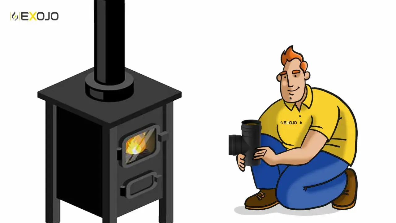 Hombre con tubo para chimenea, listo para instalar. Se muestra una estufa con fuego y su chimenea. El diámetro del tubo de chimenea es crucial.