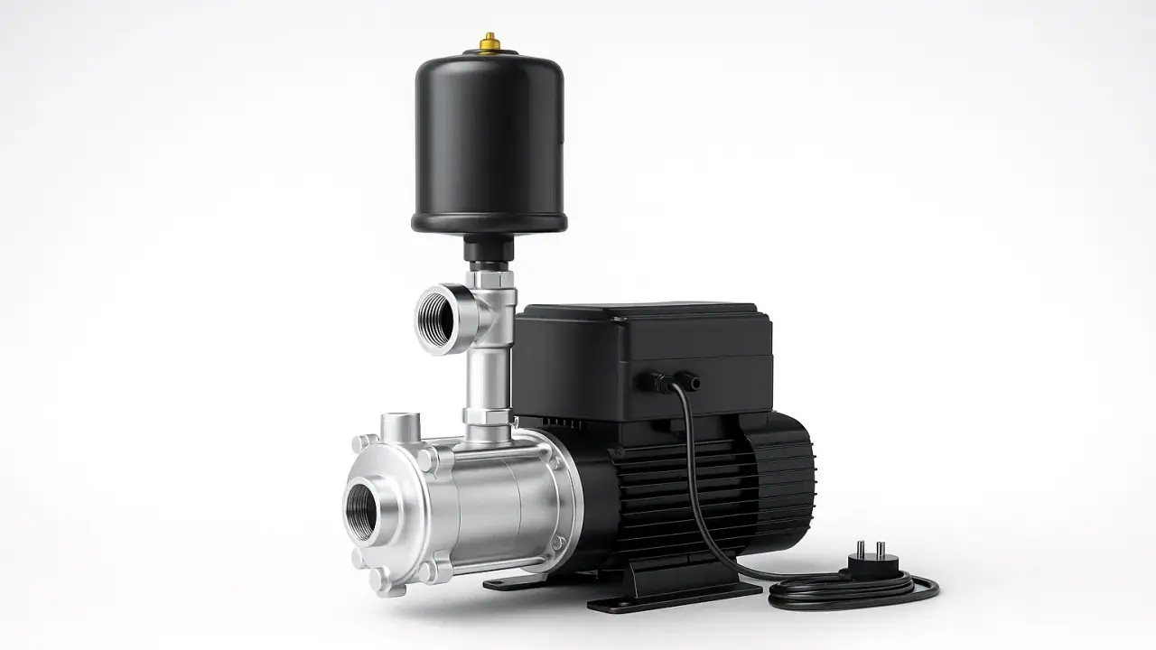 Bomba de agua de acero inoxidable con depósito negro. Parece que la bomba de agua no para de funcionar, lista para suministrar agua.