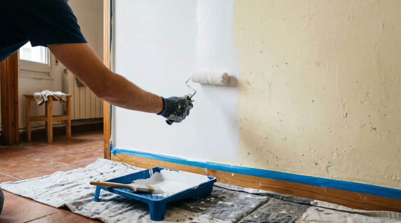 Persona aplicando pintura blanca con rodillo en pared. Se muestra bandeja con pintura y brocha. Aprende como hacer gotele con rodillo.