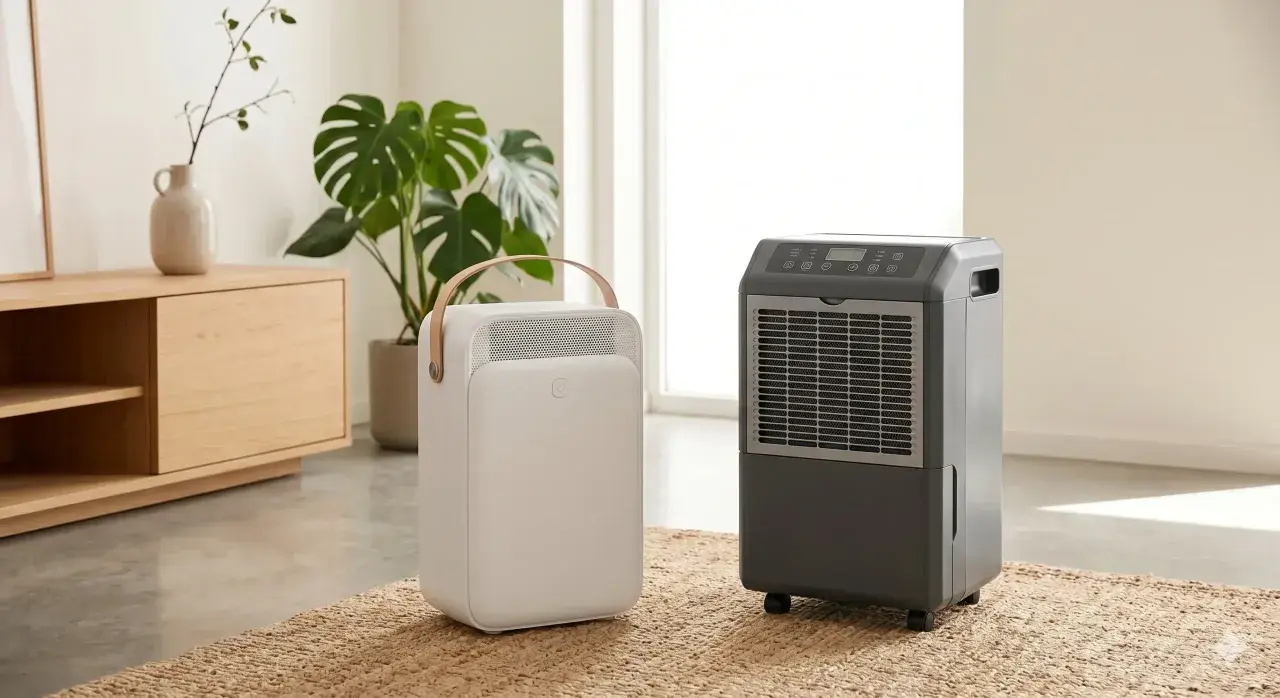 Dos tipos de deshumidificadores, uno blanco y portátil, otro gris con ruedas, en una sala de estar moderna.