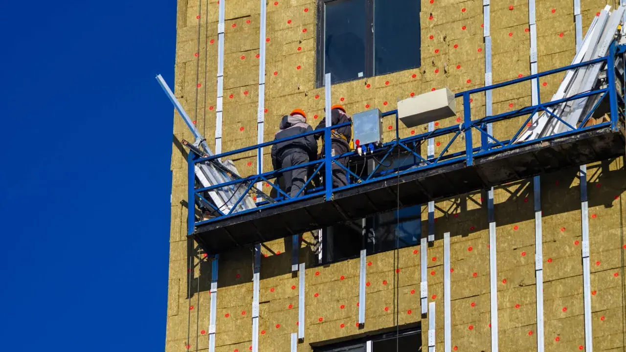 Trabajadores en plataforma instalan aislamiento térmico exterior en edificio.
