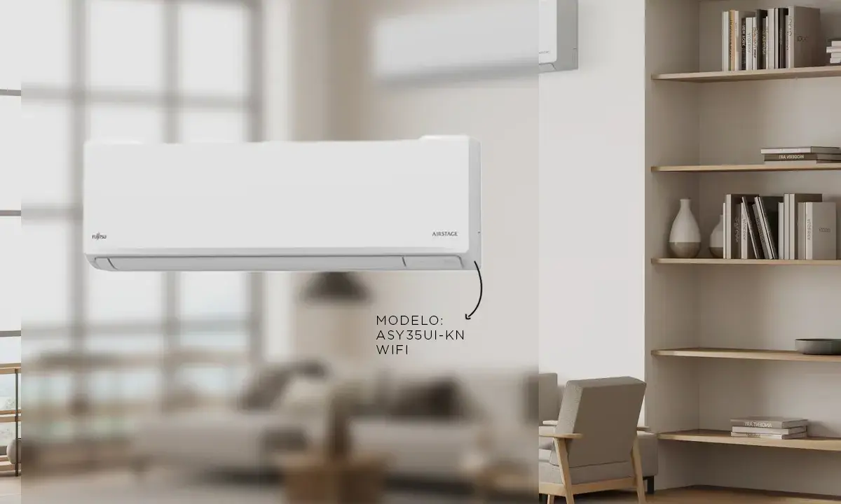 Un aire acondicionado split Fujitsu AIRSTAGE, uno de los tipos de aire acondicionado modernos, con modelo ASY35UI-KN WiFi, en un salón.
