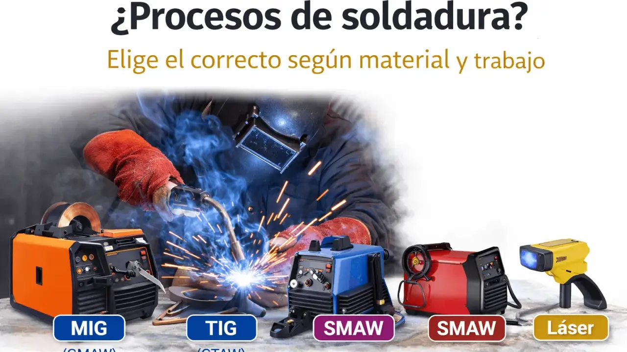 Máquinas para distintos tipos de soldadores: MIG, TIG, SMAW y Láser. Elige el proceso adecuado para tu material y trabajo.