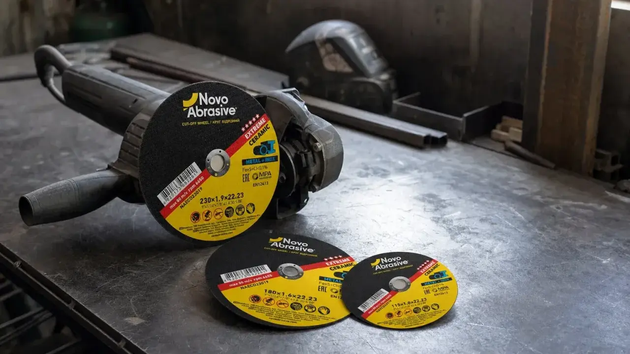 Amoladora con discos de corte de distintos tipos y tamaños, listos para trabajos de metalurgia.
