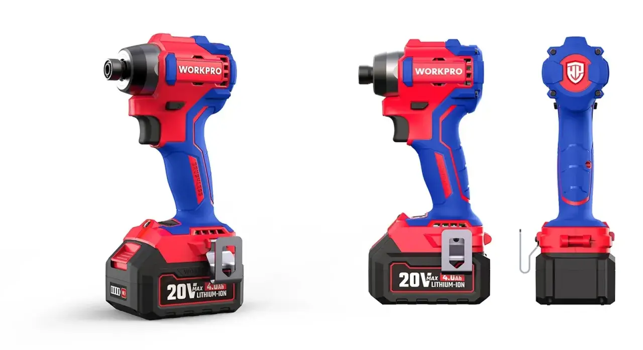 Tres taladros atornilladores inalámbricos Workpro, rojos y azules, con baterías de 20V. Muestran la diferencia entre taladro y atornillador.