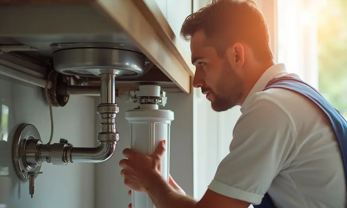 Hombre instalando filtro de agua en casa bajo el fregadero.