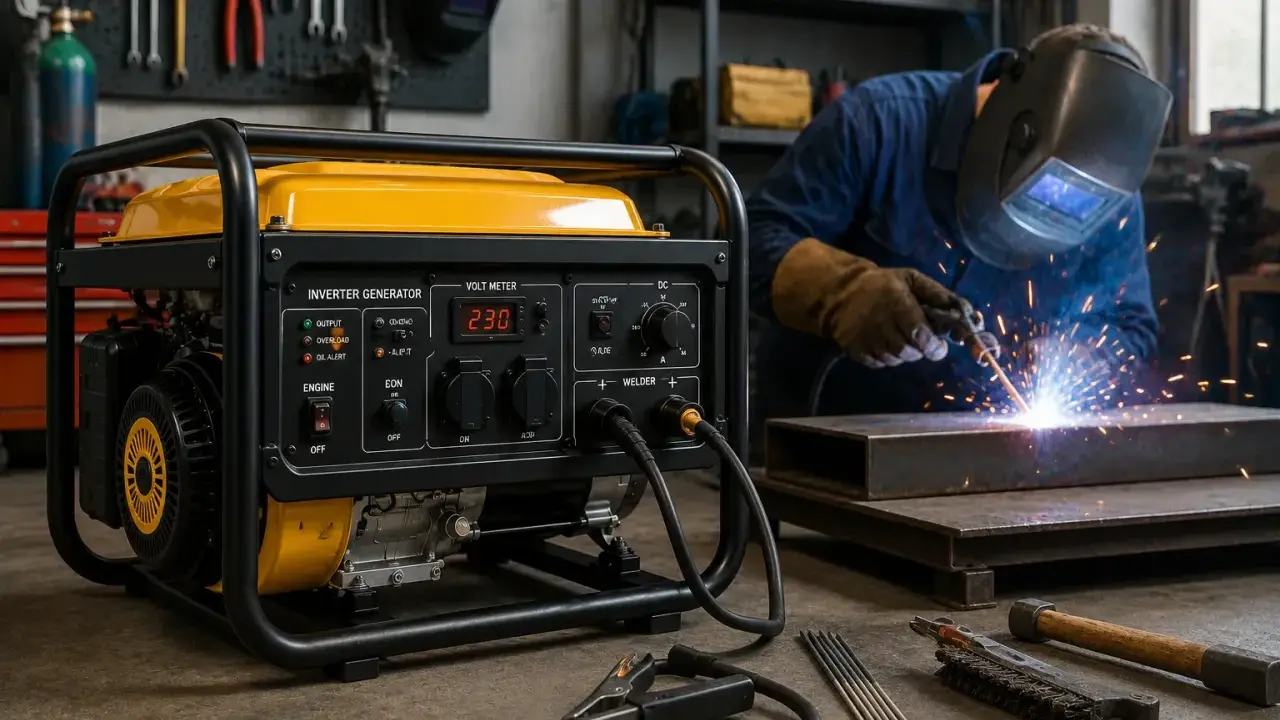 Generador amarillo listo para soldar. Un soldador trabaja en el fondo, demostrando que se puede soldar con un generador de 2000w.
