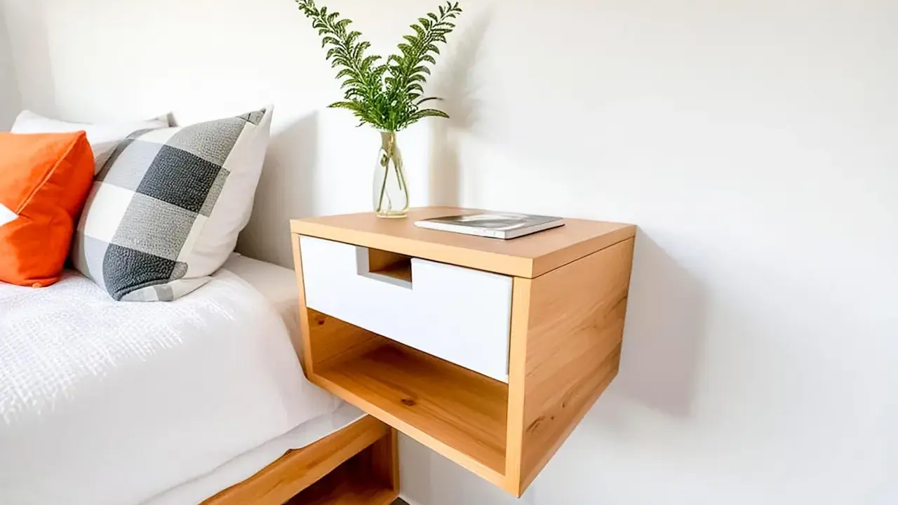 Mesita de noche flotante de madera clara y blanca, ideal para quienes buscan ideas de como hacer una mesita de noche moderna y funcional.