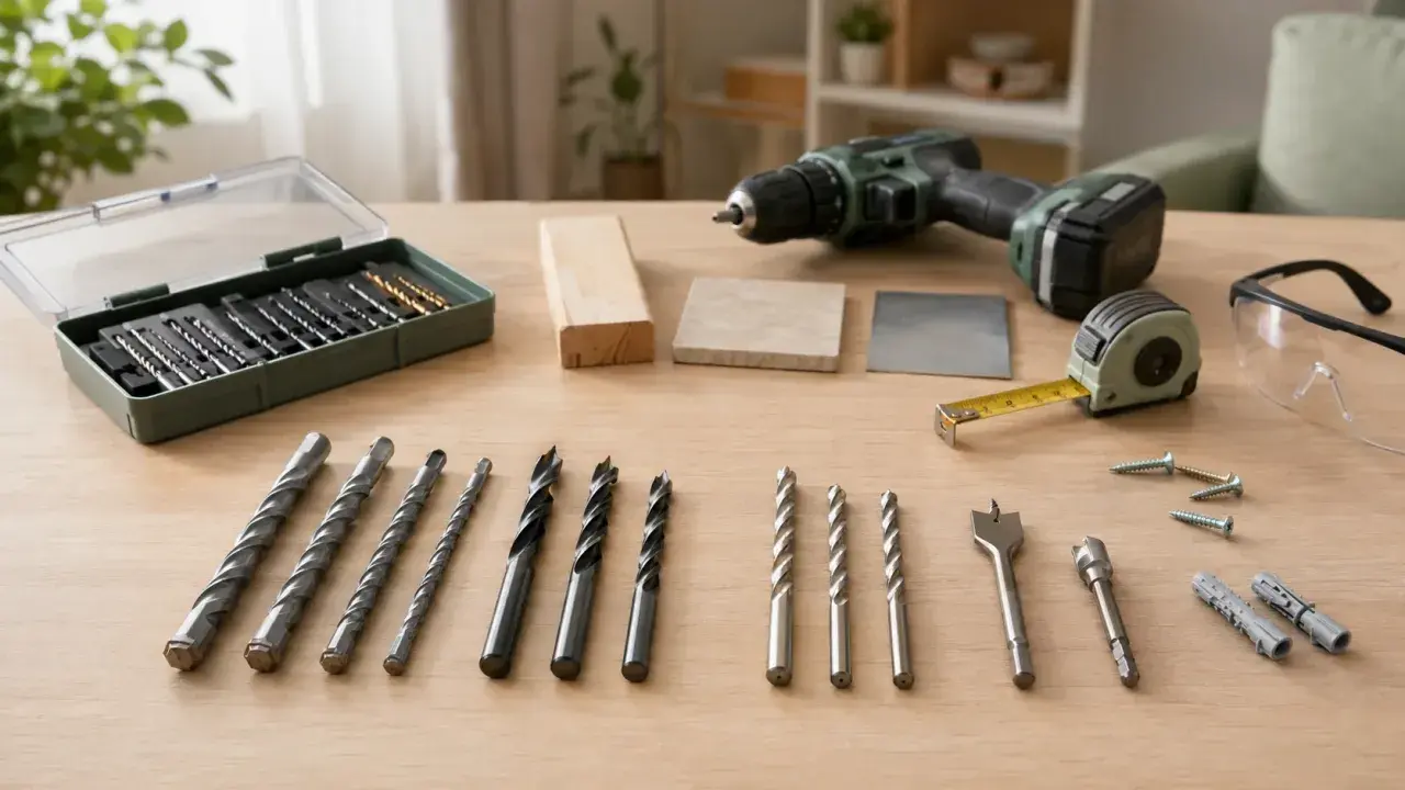 Variedad de tipos de brocas para pared y madera, junto a taladro, cinta métrica y gafas de seguridad.