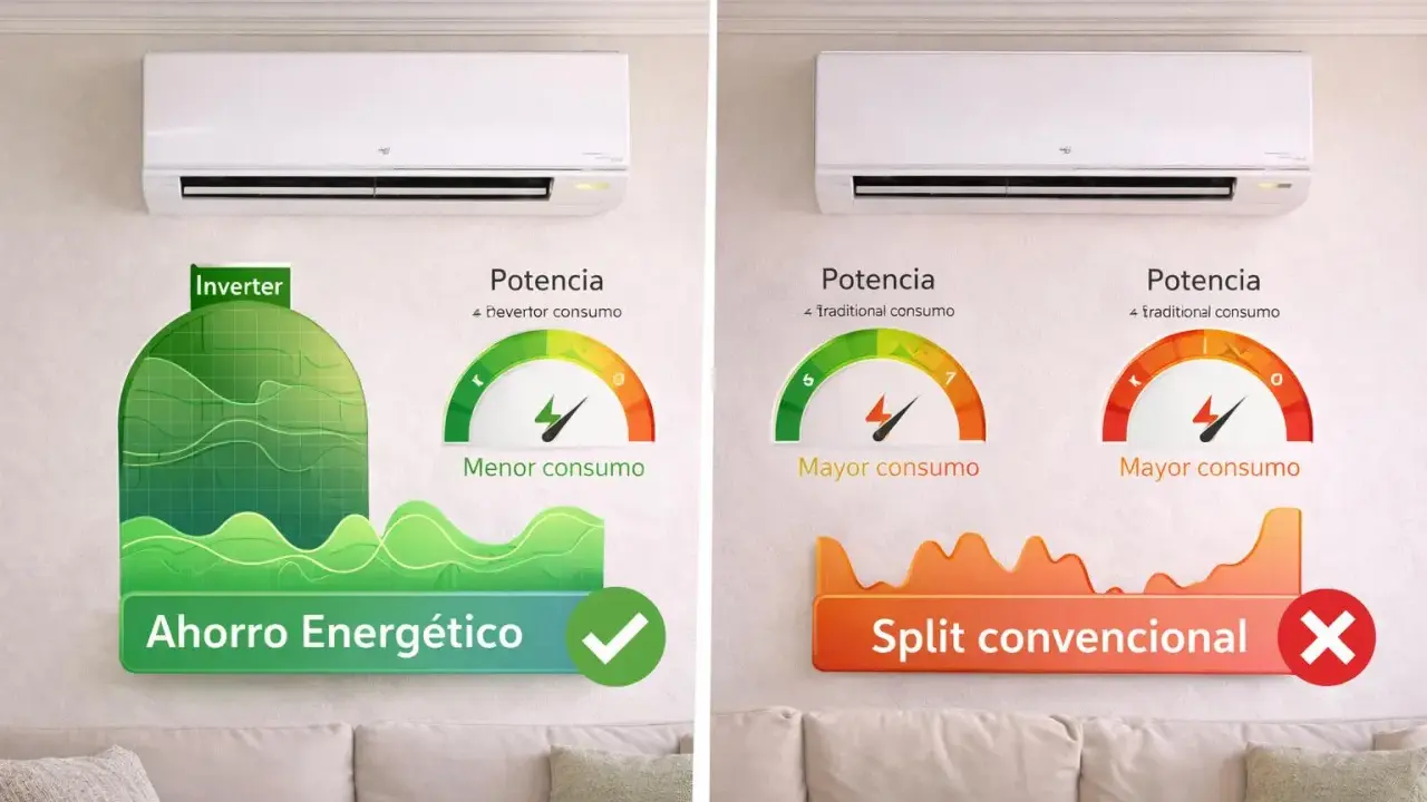 Comparativa de aire acondicionado: Inverter vs. Split convencional. Descubre qué significa inverter en aire acondicionado y su ahorro energético.