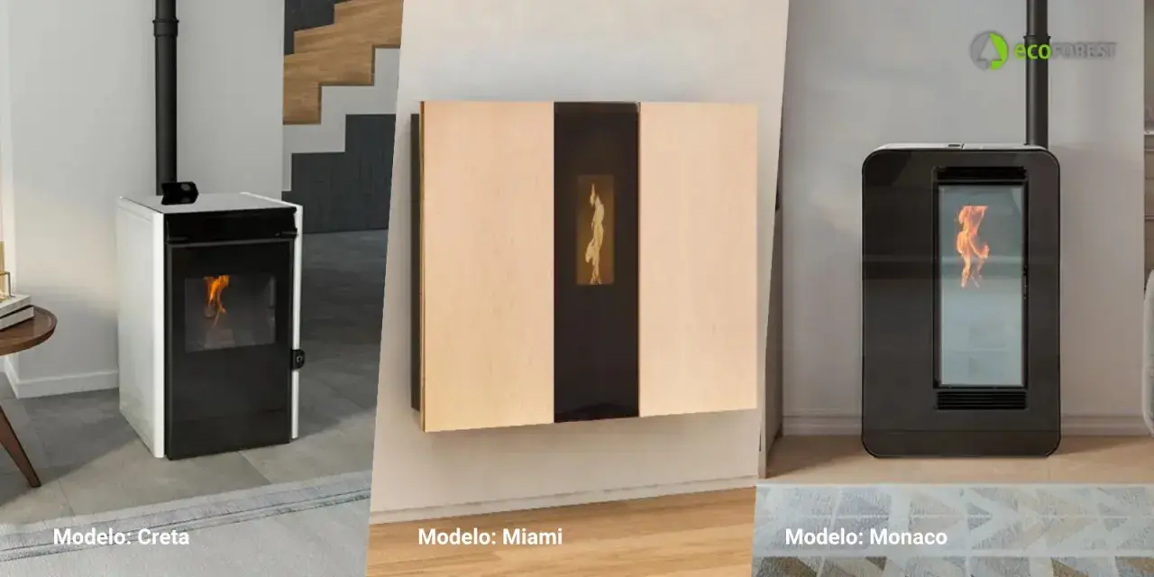 Modelos de estufas de pellets: Creta, Miami y Monaco. Descubre cómo funciona una estufa de pellets con estas opciones modernas.