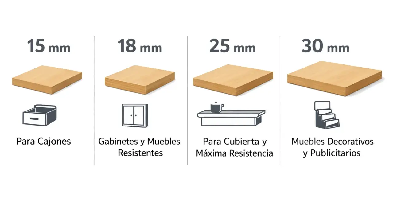 Tableros de melamina que es, en grosores de 15, 18, 25 y 30 mm, para cajones, gabinetes, cubiertas y muebles decorativos.
