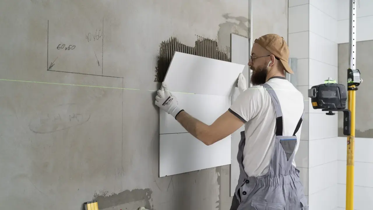 Obrero coloca baldosas en pared, usando nivel láser para asegurar un acabado perfecto. El proceso de instalación de aislante paredes interiores avanza.