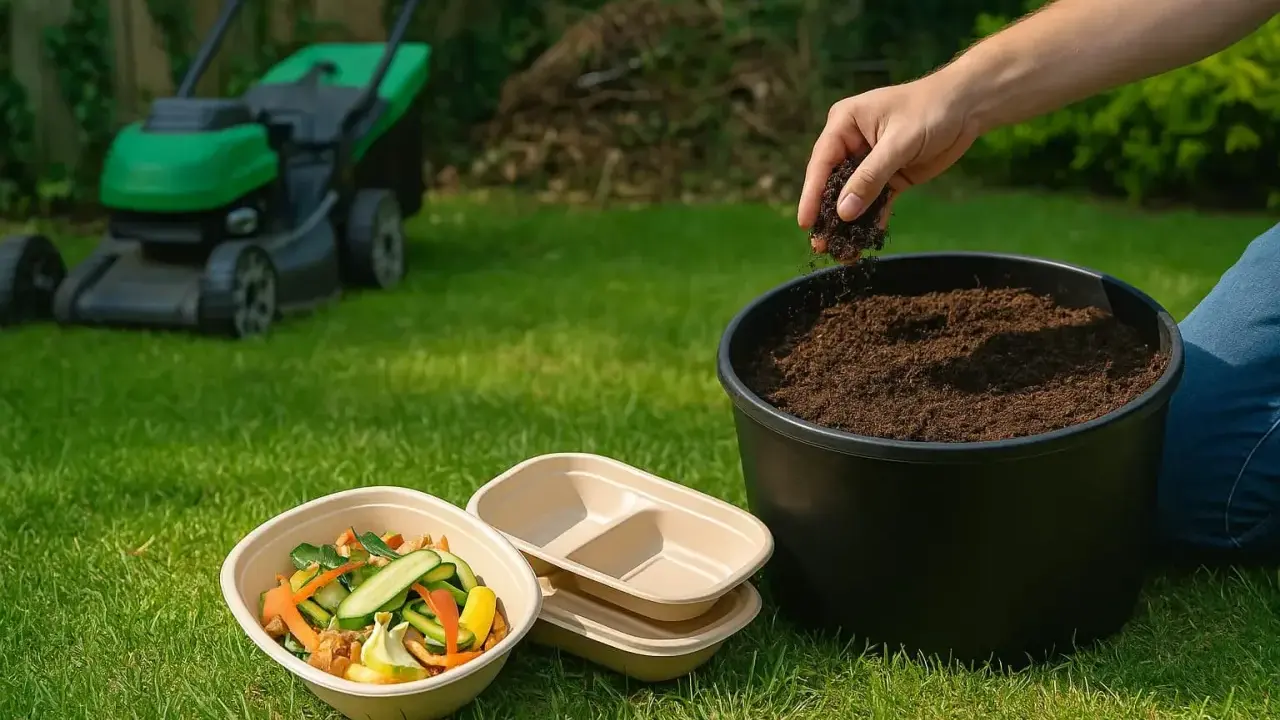 Persona añade tierra a un compostador al aire libre. Hay restos de comida y un cortacésped en el jardín.