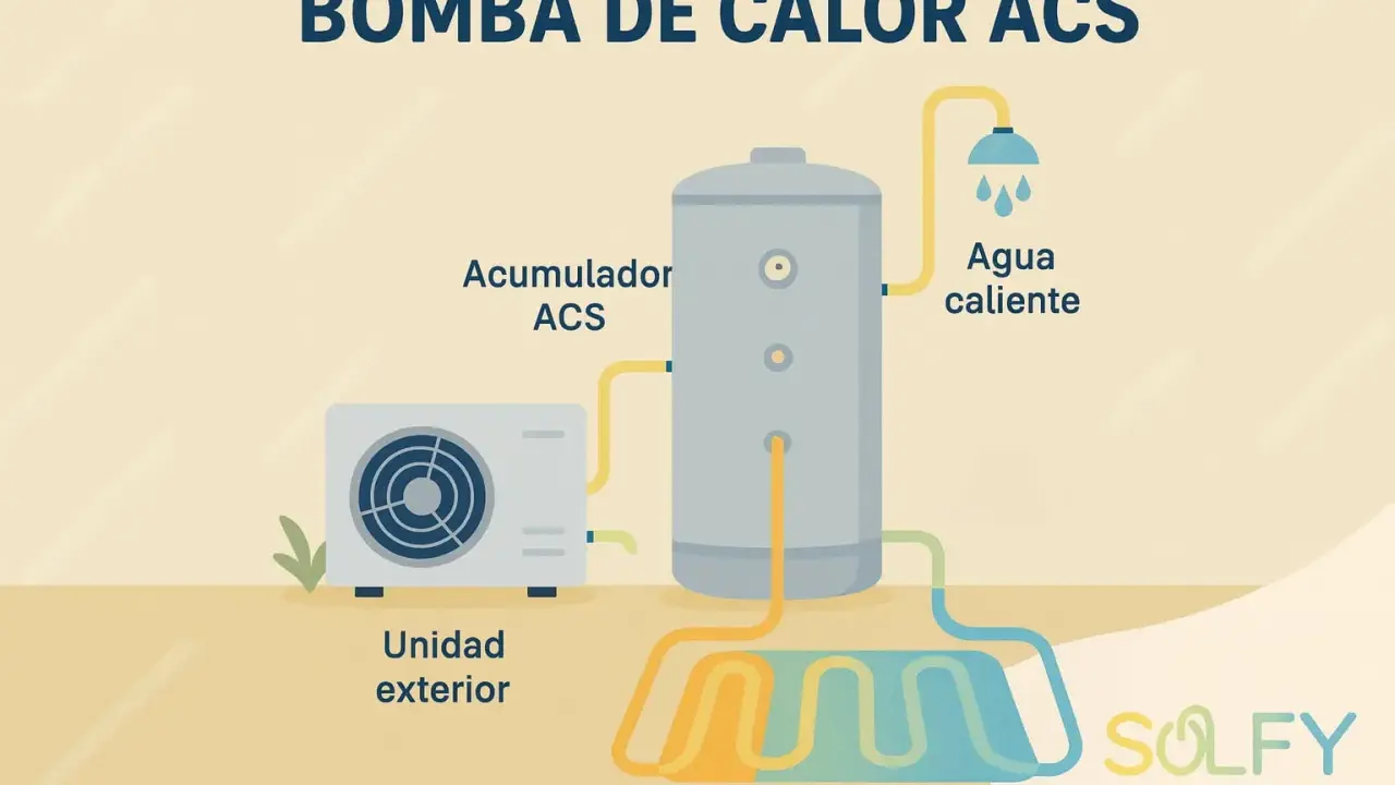 Diagrama de una bomba de calor para agua caliente sanitaria (ACS). Muestra una unidad exterior, un acumulador ACS y un sistema de suelo radiante, con flechas indicando el flujo de agua caliente.