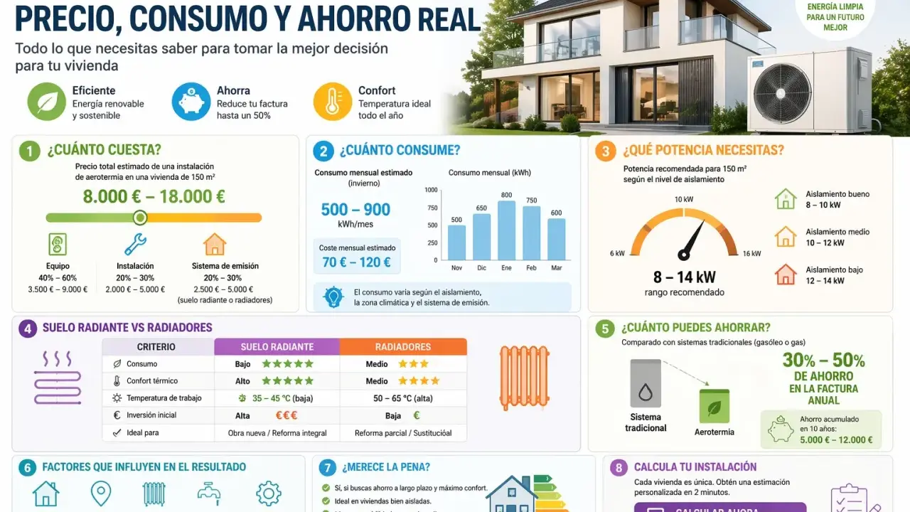 Infografía sobre aerotermia: precio, consumo y ahorro. Explica qué es la aerotermia, su coste, consumo, potencia necesaria y ahorro.