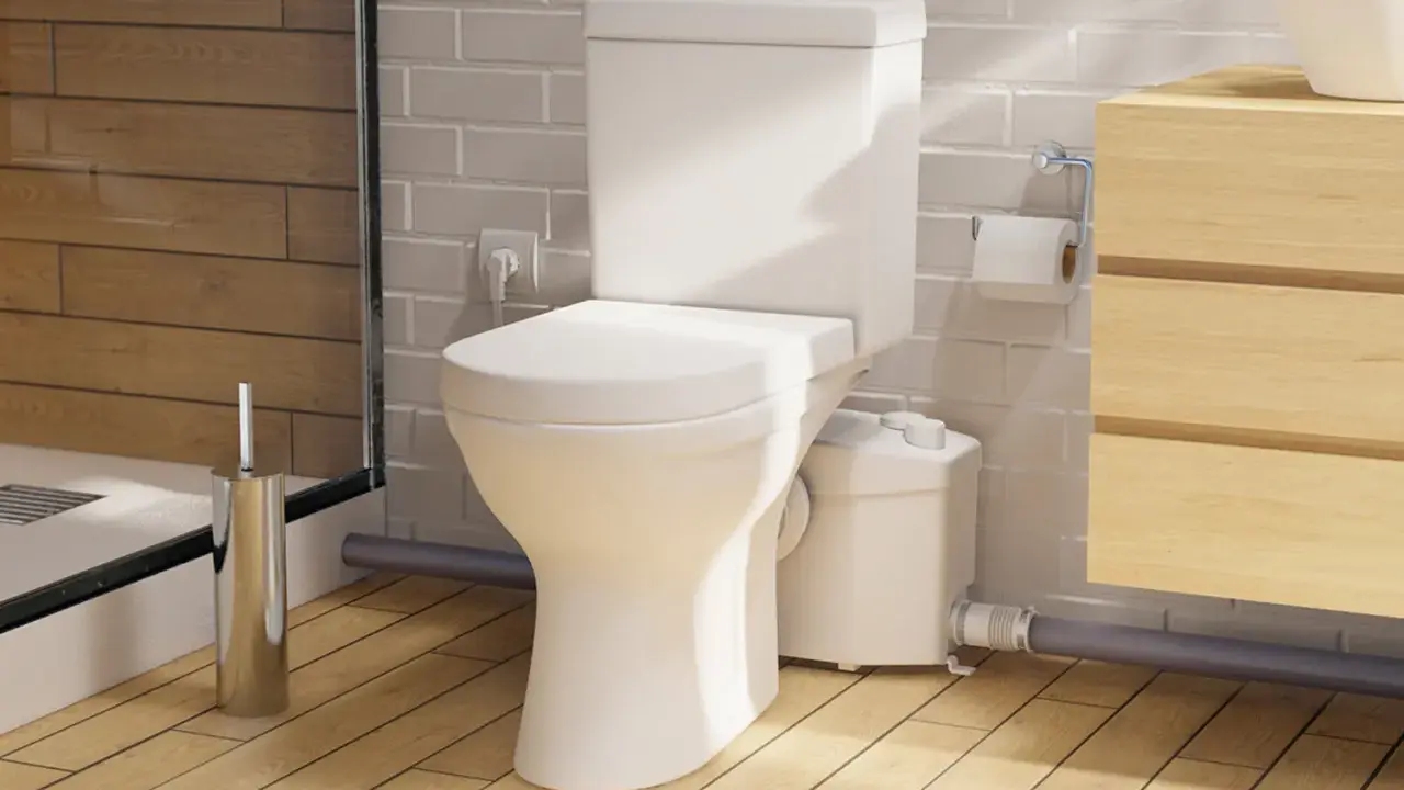 Moderno baño con inodoro triturador, lavabo de madera y ducha. Opiniones positivas sobre su eficiencia.