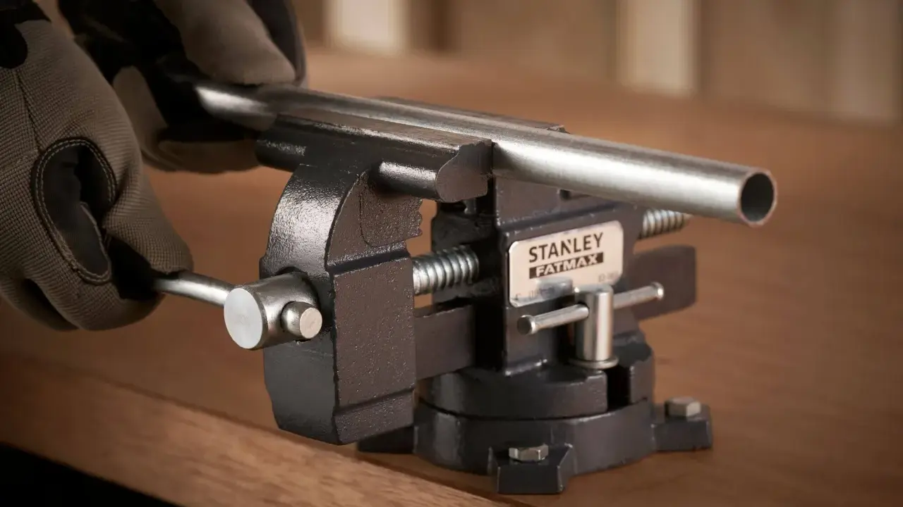 Manos enguantadas ajustan un tubo metálico en un tornillo de banco Stanley Fatmax, herramienta esencial para fijar piezas.