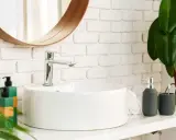 Instalar lavabo sobre encimera: un baño moderno con lavabo blanco, grifería cromada, espejo redondo y plantas.