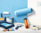 Herramientas para pintar: rodillo azul, lata de pintura, bandeja, brochas y espátulas. El mejor rodillo para pintar paredes lisas es el que se ve en acción.