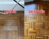 Antes y después de aplicar remedios caseros para reparar parquet. El suelo luce renovado y brillante.