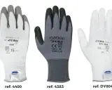 Tres tipos de guantes de protección: blanco con dedos grises, gris con dedos negros y blanco liso. Cada uno con su referencia y certificaciones.