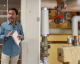 Hombre explica medidas de instalación de fontanería junto a tuberías y manómetro.