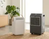 Dos tipos de deshumidificadores, uno blanco y portátil, otro gris con ruedas, en una sala de estar moderna.