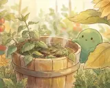 Un tierno ser verde observa un balde de madera con agua humeante y hojas de ortiga. Alrededor, tomates, flores amarillas y un girasol.