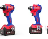 Tres taladros atornilladores inalámbricos Workpro, rojos y azules, con baterías de 20V. Muestran la diferencia entre taladro y atornillador.