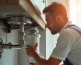 Hombre instalando filtro de agua en casa bajo el fregadero.